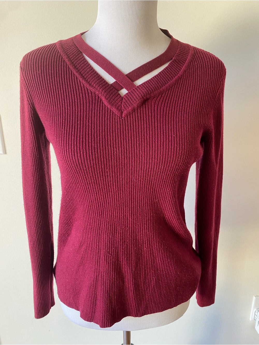 Kim Rogers Burgundy Ribbed V-Neck Sweater with Crisscross Detail